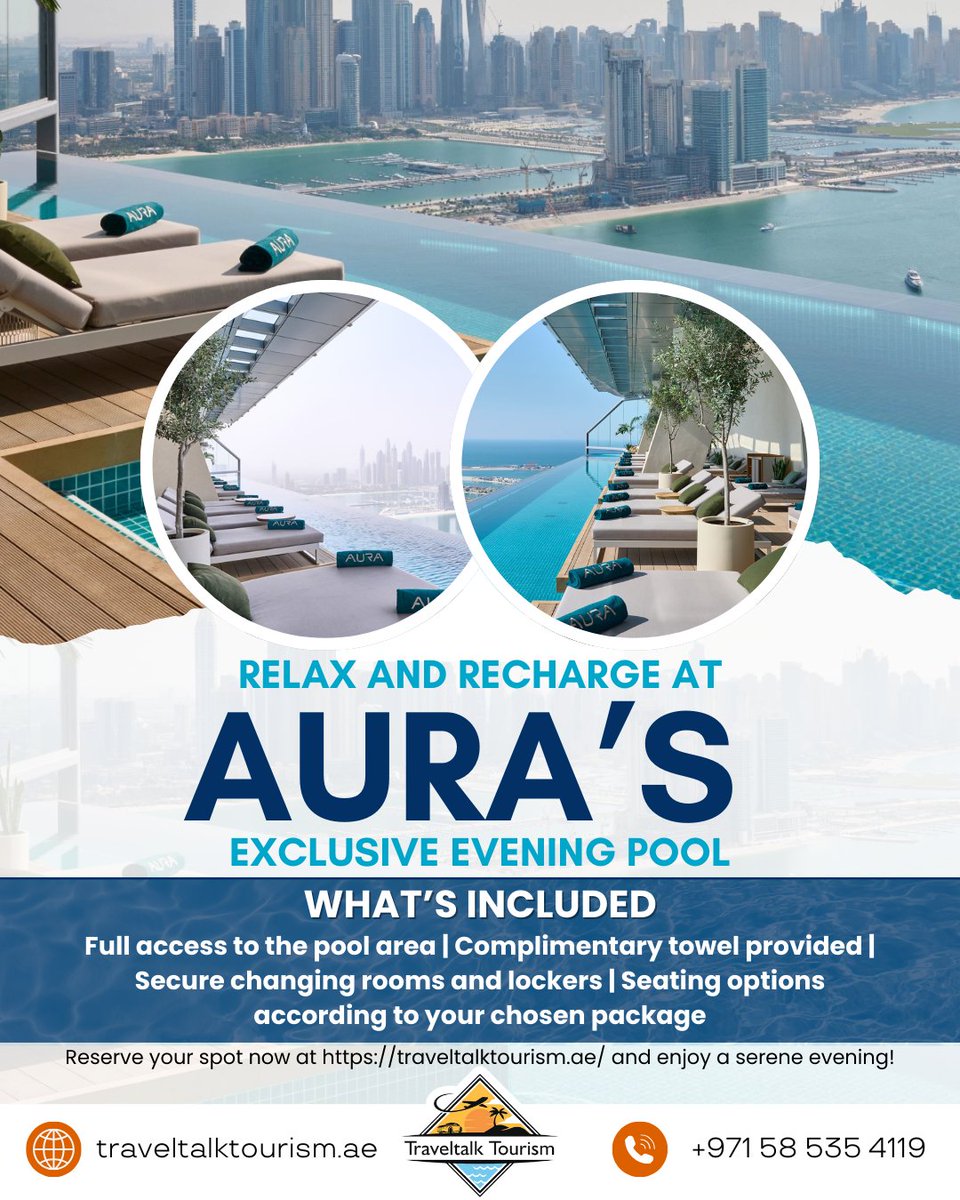 TraveltalkLLC's tweet image. Relax and Recharge at Aura’s Exclusive Evening Pool! 

Experience tranquility and luxury with full access to the stunning pool area, complimentary towels, secure changing rooms, lockers, and cozy seating options tailored to your chosen package.

#DubaiPools #LuxuryLifestyle