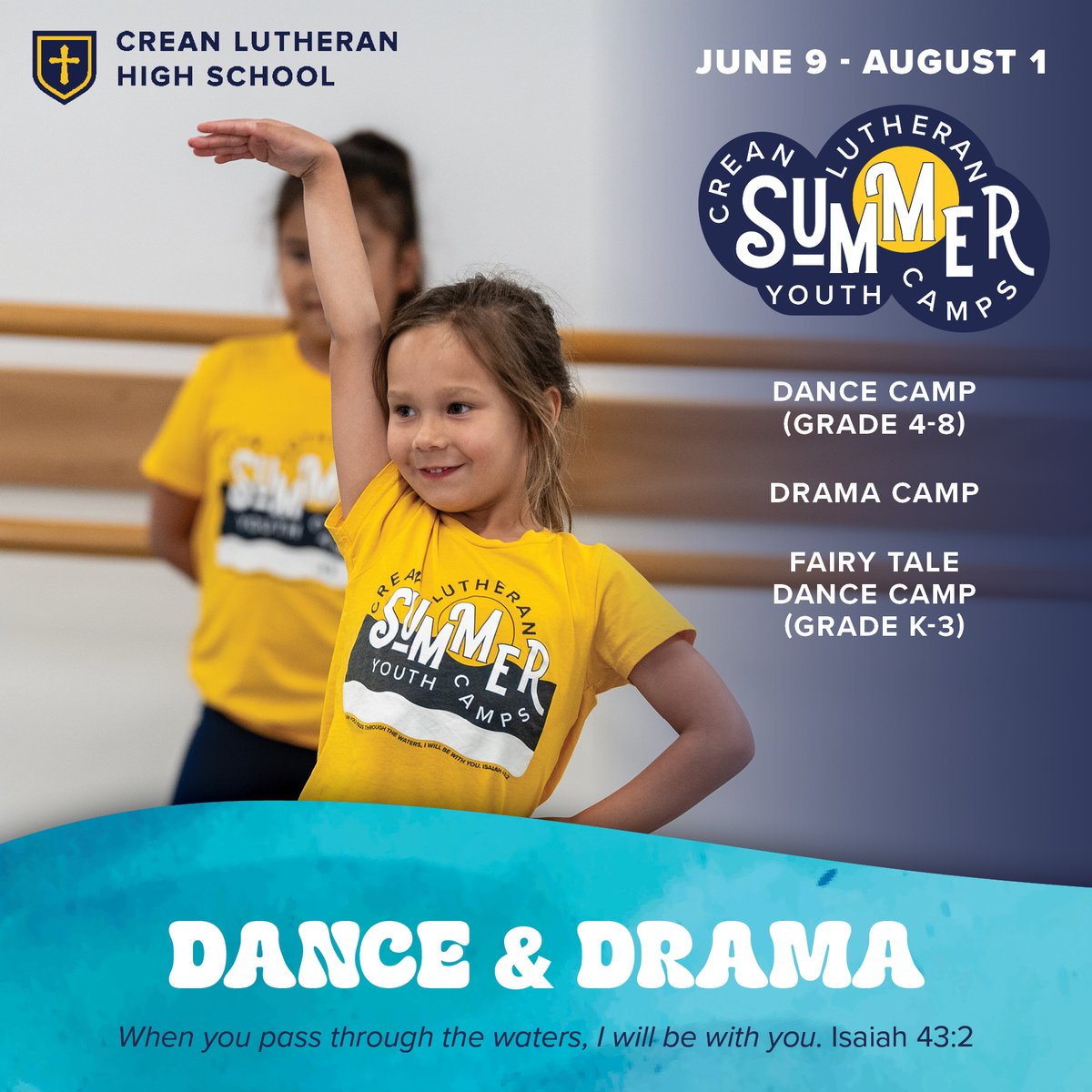 Step into the spotlight this summer at Crean Lutheran’s Dance and Drama Youth Camps! Whether your child is dancing to their heart’s content or bringing characters to life on stage.creanlutheran.org/admissions/you… Isaiah 43:2