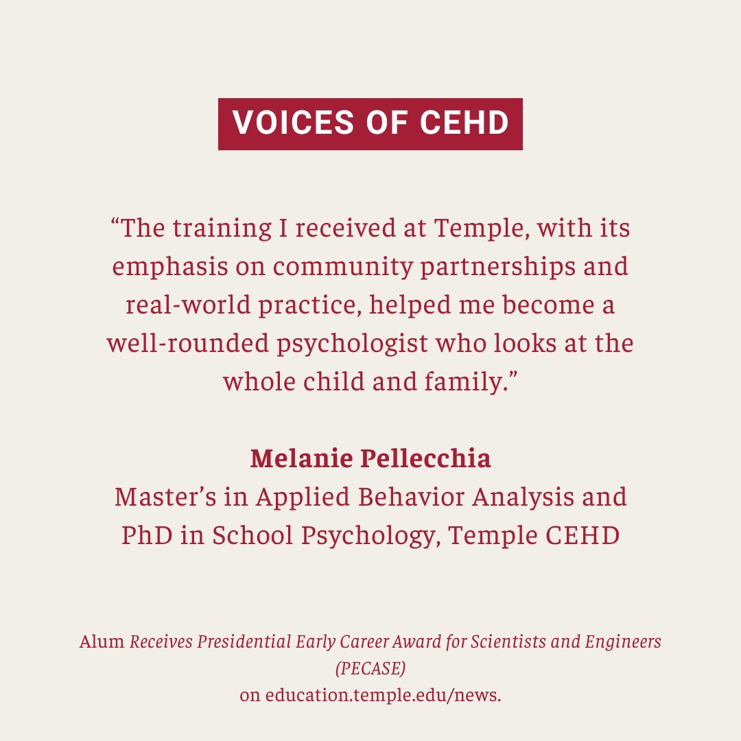 Temple College of Education and Human Development (@templecehd) on Twitter photo 🗣️ Voices of CEHD
As a Temple alum and clinical researcher at the Children’s Hospital of Philadelphia, Dr. Pellecchia is shaping the future of autism intervention through evidence-based and equity-centered practices. Her journey began right here at CEHD. 🗣️ Voices of CEHD
As a Temple alum and clinical researcher at the Children’s Hospital of Philadelphia, Dr. Pellecchia is shaping the future of autism intervention through evidence-based and equity-centered practices. Her journey began right here at CEHD.