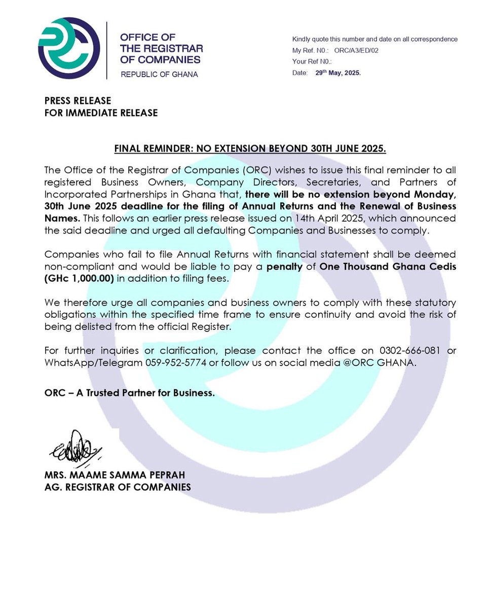 OrcGhana's tweet image. 🚨 FINAL REMINDER 🚨
NO EXTENSION BEYOND 30TH JUNE, 2025.

#ORCGhana #BusinessCompliance #FileNow #GhanaBusiness #AnnualReturns #BusinessRenewal #DeadlineAlert #NoExtension #ComplianceMatters