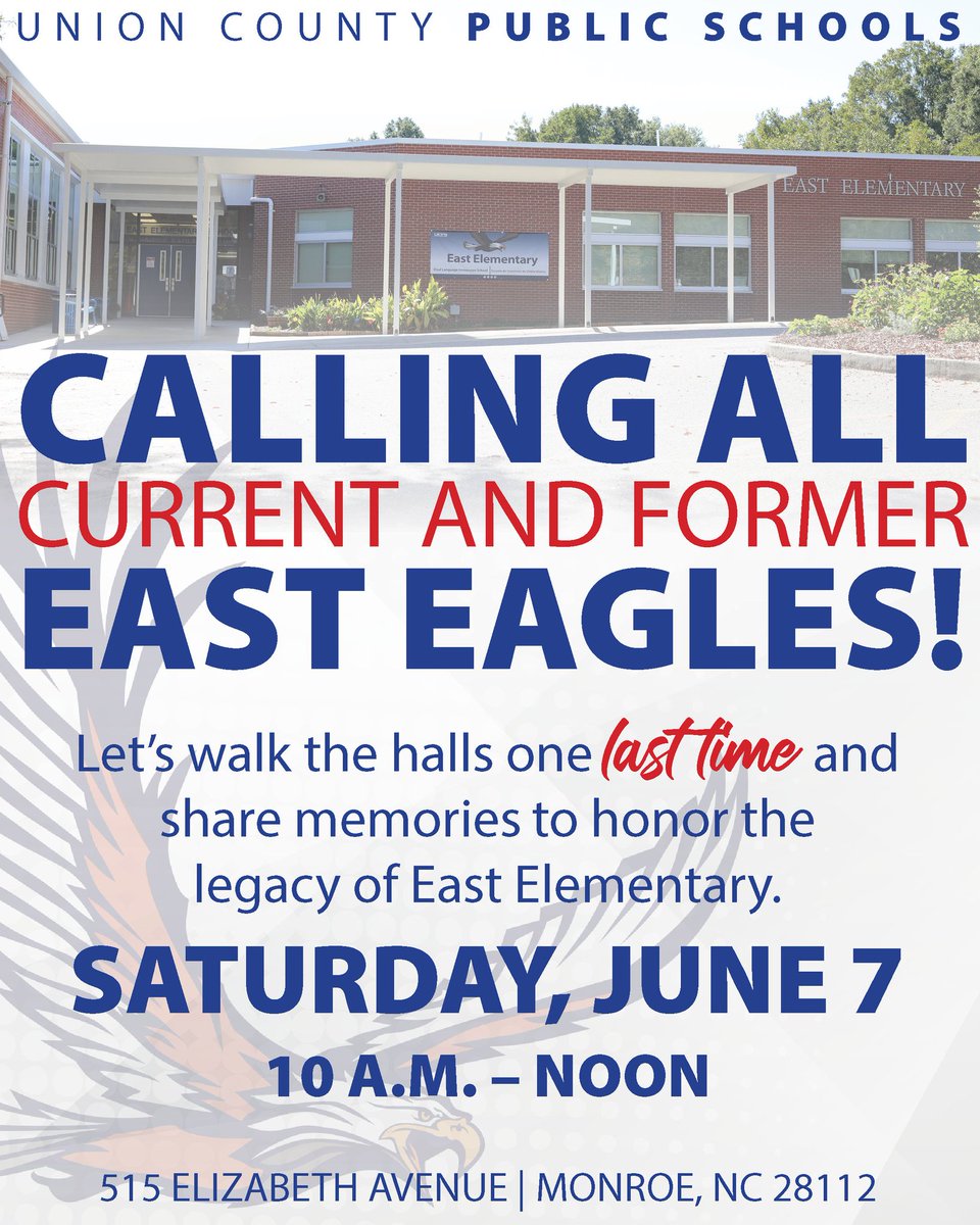 All current and former Eagles: You have the chance to walk the halls of the current <a href="/EastESNC/">East Elementary School</a> one last time! Stop by Saturday, June 7, from 10 a.m. to noon! <a href="/AGHoulihan/">Andrew G. Houlihan</a>