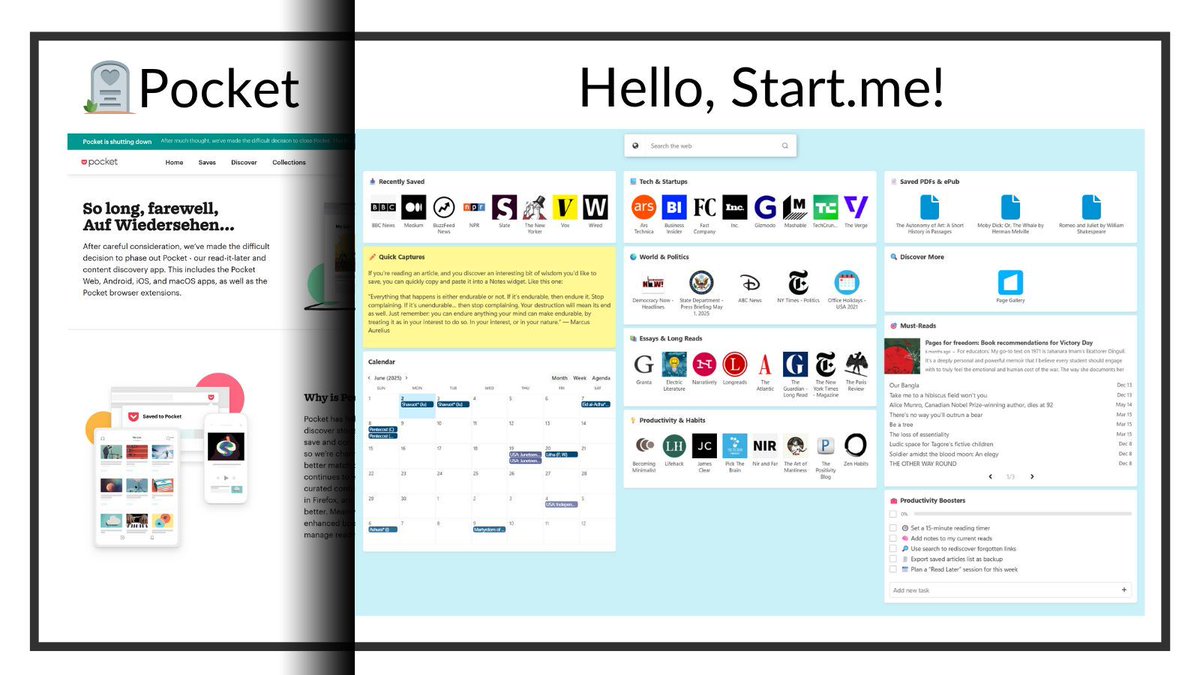 If you are looking for a Pocket replacement, look no further than Start.me! You can save links, read the news, and much more. blog.start.me/pocket-replace…