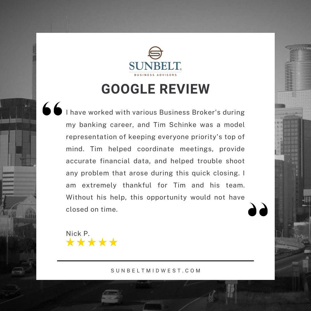 Congratulations to Tim Schinke on his recent 5-star Google Review! 
⭐⭐⭐⭐⭐ 
Call us at 612-455-0880 or click here to learn more about selling your business: sunbeltmidwest.com