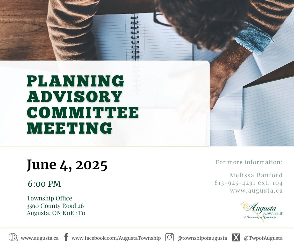 Join us June 4th at 6 PM for the Planning Advisory Committee Meeting! 📍 Township Office, 3560 County Rd 26, Augusta, ON K0E 1T0. Agenda: augusta.ca/townsh.../coun…. Info: Melissa Banford 613-925-4231 ext. 104.