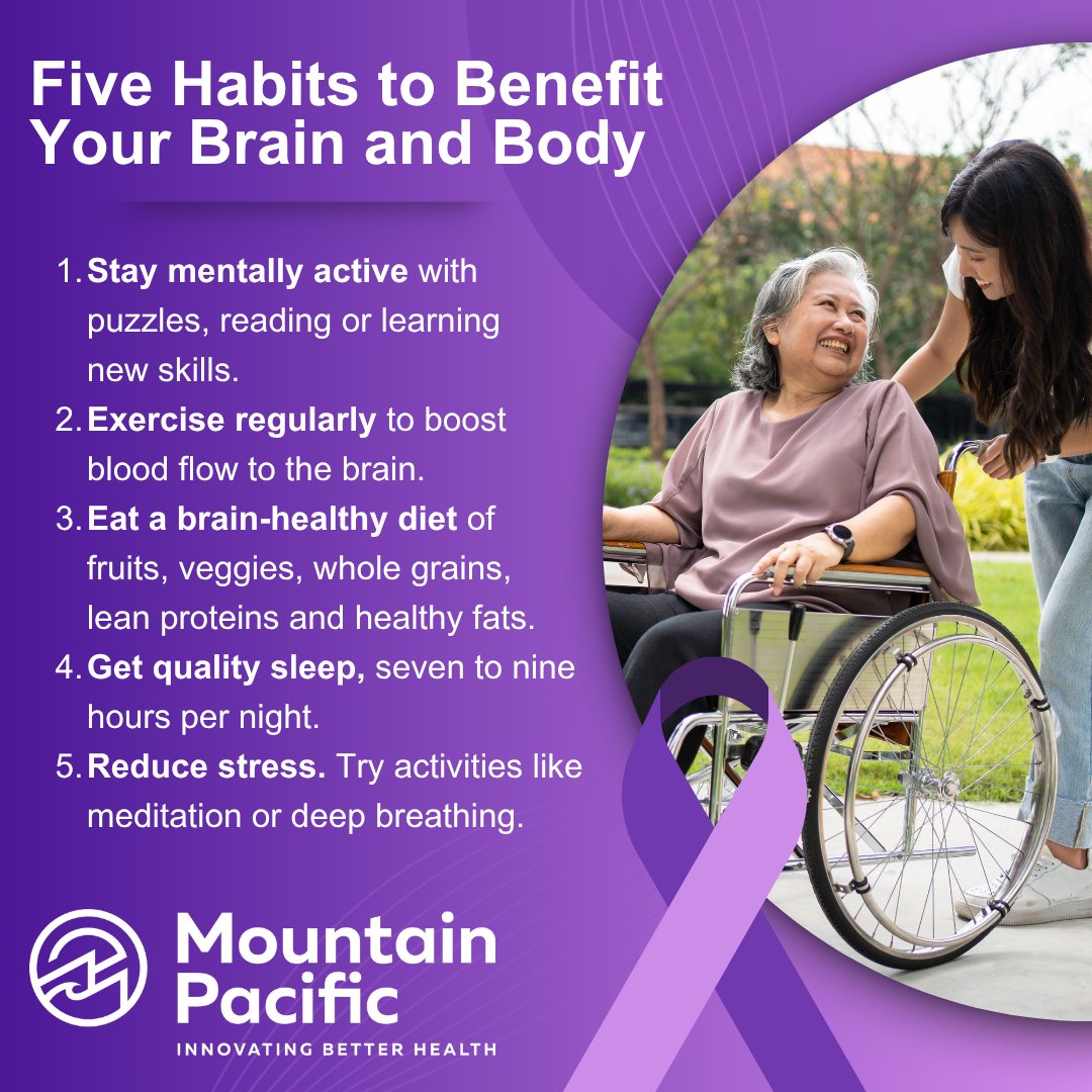 June is Alzheimer’s and Brain Awareness Month. 💜 More than 6 million Americans live with Alzheimer’s, and one in three seniors dies with it or another dementia. Awareness saves lives. Read on for 5 habits that can benefit your body and your brain. #BrainAwareness