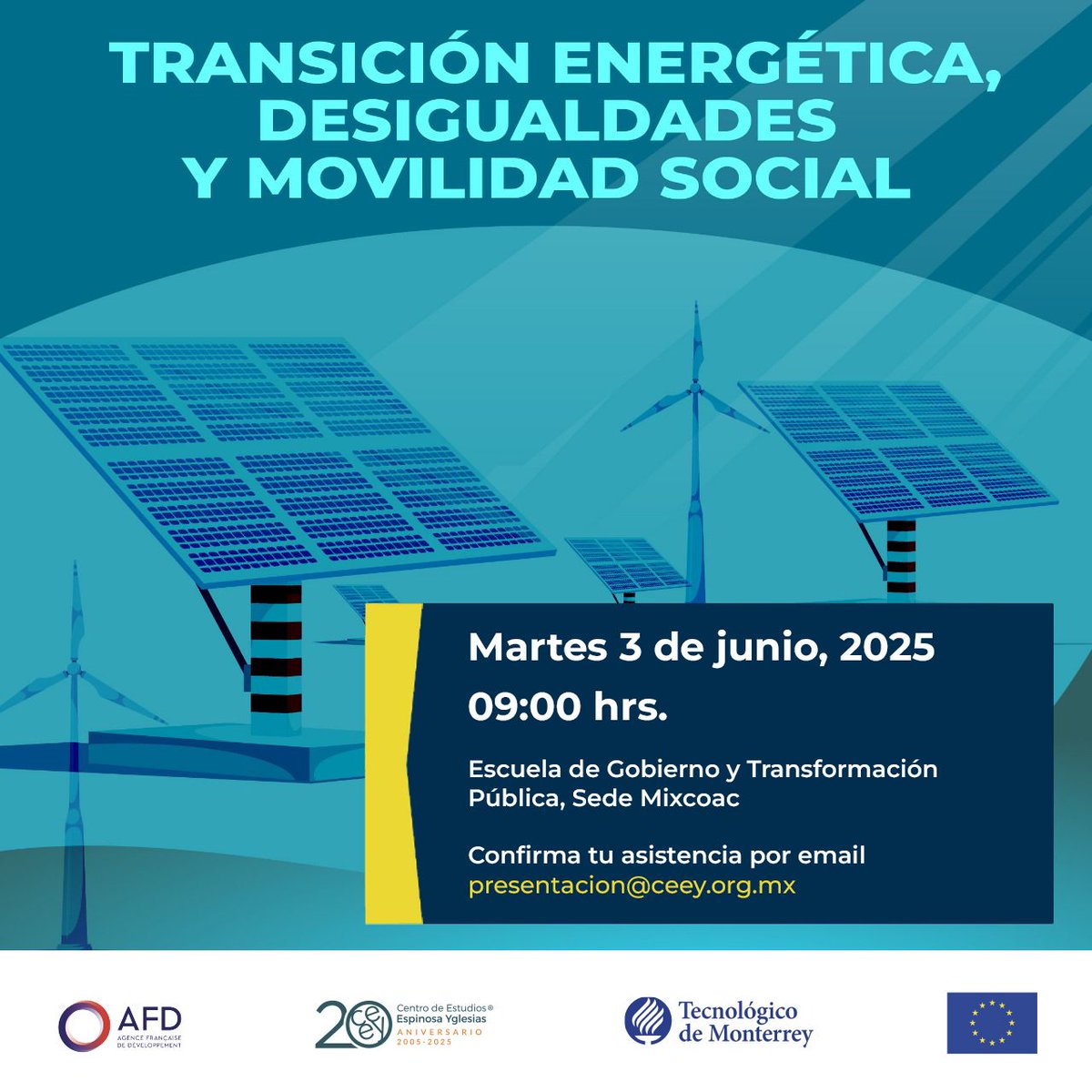 CEEY (@ceeymx) on Twitter photo 📣Te invitamos a la conferencia: Transición energética, desigualdades y movilidad social. 🌱
📅 Martes 3 junio 🕘 9 h
📍 <a href="/EGobiernoyTP/">Escuela de Gobierno</a> sede Mixcoac
📩 Confirma tu asistencia: presentacion@ceey.org.mx
Invitan CEEY <a href="/AFD_es/">Agencia Francesa de Desarrollo</a> <a href="/EU_Commission/">European Commission</a> <a href="/TecdeMonterrey/">Tecnológico de Monterrey</a>
¡No te lo pierdas! 🌍⚡ 📣Te invitamos a la conferencia: Transición energética, desigualdades y movilidad social. 🌱
📅 Martes 3 junio 🕘 9 h
📍 <a href="/EGobiernoyTP/">Escuela de Gobierno</a> sede Mixcoac
📩 Confirma tu asistencia: presentacion@ceey.org.mx
Invitan CEEY <a href="/AFD_es/">Agencia Francesa de Desarrollo</a> <a href="/EU_Commission/">European Commission</a> <a href="/TecdeMonterrey/">Tecnológico de Monterrey</a>
¡No te lo pierdas! 🌍⚡