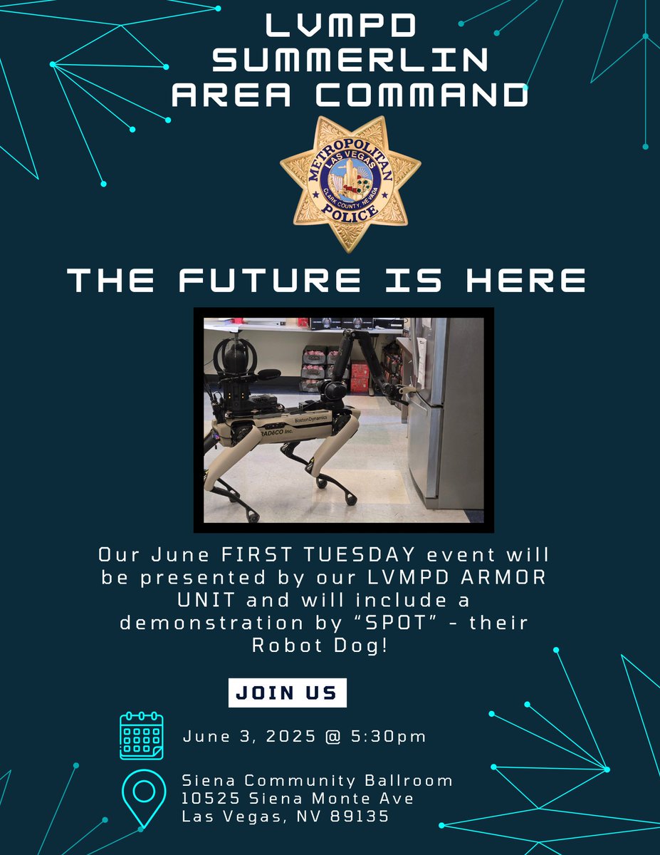 Join us tomorrow at 5:30pm for #FIRSTTUESDAY! Spotlight on @lvmpd ARMOR Unit with a presentation and demo of their crime-fighting gear. Hosted by Siena Community, 10525 Siena Monte Ave, Las Vegas, NV 89135. See you there! <a href="/summerlinlv/">Summerlin</a>