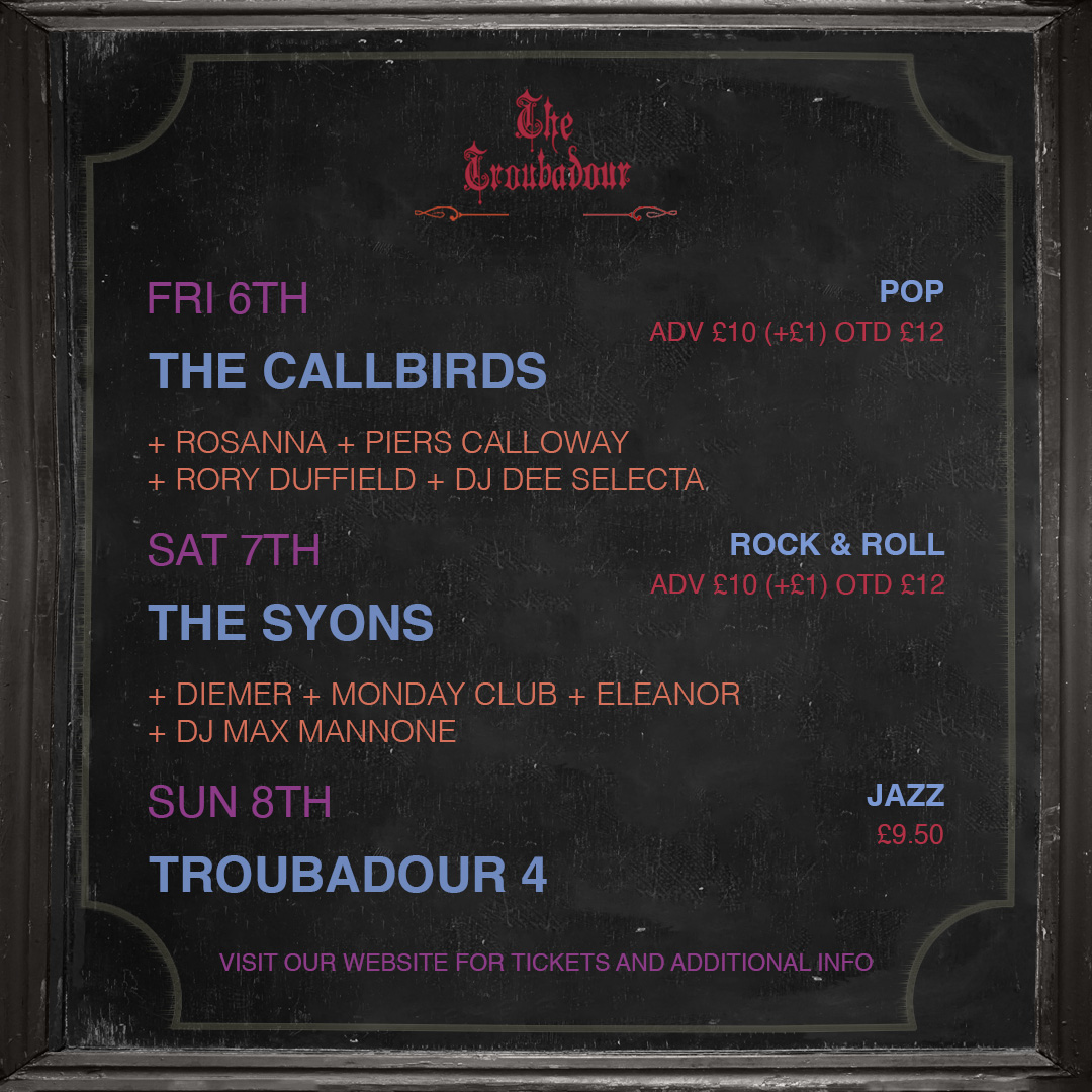 This week's lineup of independent artists 🎶

Visit troubadourlondon.com/ticketed-events for more info and cheaper tickets! 🎫

Open until 2 AM from Thursday to Saturday 🕺

#earlscourt #londonnights #supportindependentmusic #livemusic #londonbylondoners