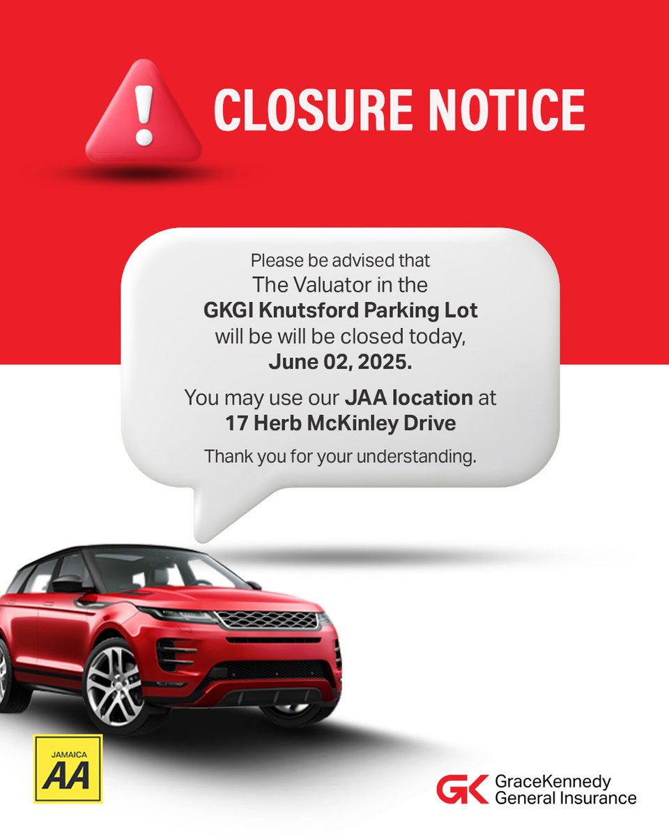 Please note that the Valuator at our GKGI Knutsford Branch parking lot is closed today. 

For your convenience, you may visit our JAA location at 17 Herb McKinley Drive. We apologise for any inconvenience caused. 

Thank you for your understanding.