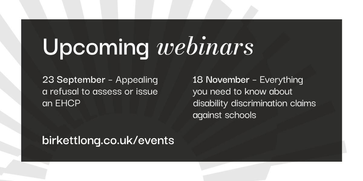 Register for our upcoming free webinars, designed for parents, guardians, and carers of young people with SEN requirements.

For more information on these webinars and to register your place, visit our website here: loom.ly/U4_de88

#EducationLaw #SEN #BirkettLong