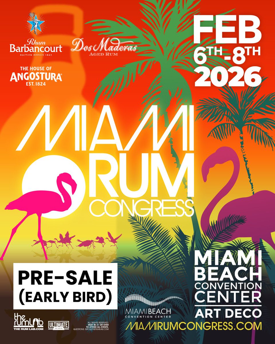 🎉 It's TODAY! It's TODAY!

Pre-sale for Miami Rum Congress 2026 begins!

🎟️ Get your tickets NOW and be part of this epic experience in the city where rum is lived on another level. eventbrite.com/e/miami-rum-co…