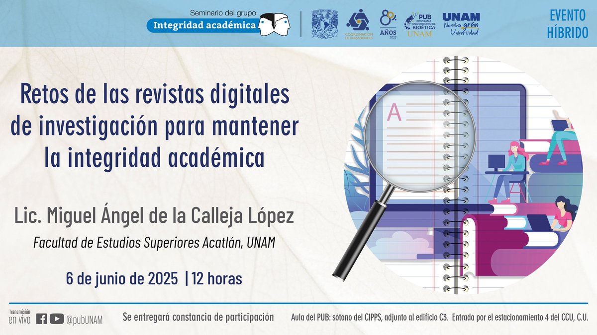 Este viernes en el seminario de “Integridad Académica” hablaremos sobre los retos de las revistas digitales de investigación para mantener la integridad académica.  
Presenta: Lic. Miguel Ángel de la Calleja López de la <a href="/FES_ACATLAN/">FES ACATLÁN - UNAM</a>.