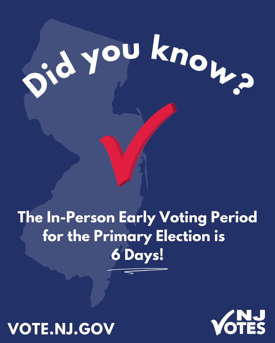 NJ_Votes's tweet image. Did you know that Early Voting starts Tuesday, June 3rd and goes through Sunday, June 8th? Be sure to check your county’s in-person early voting sites at Vote.NJ.Gov and go vote! #NJVotes