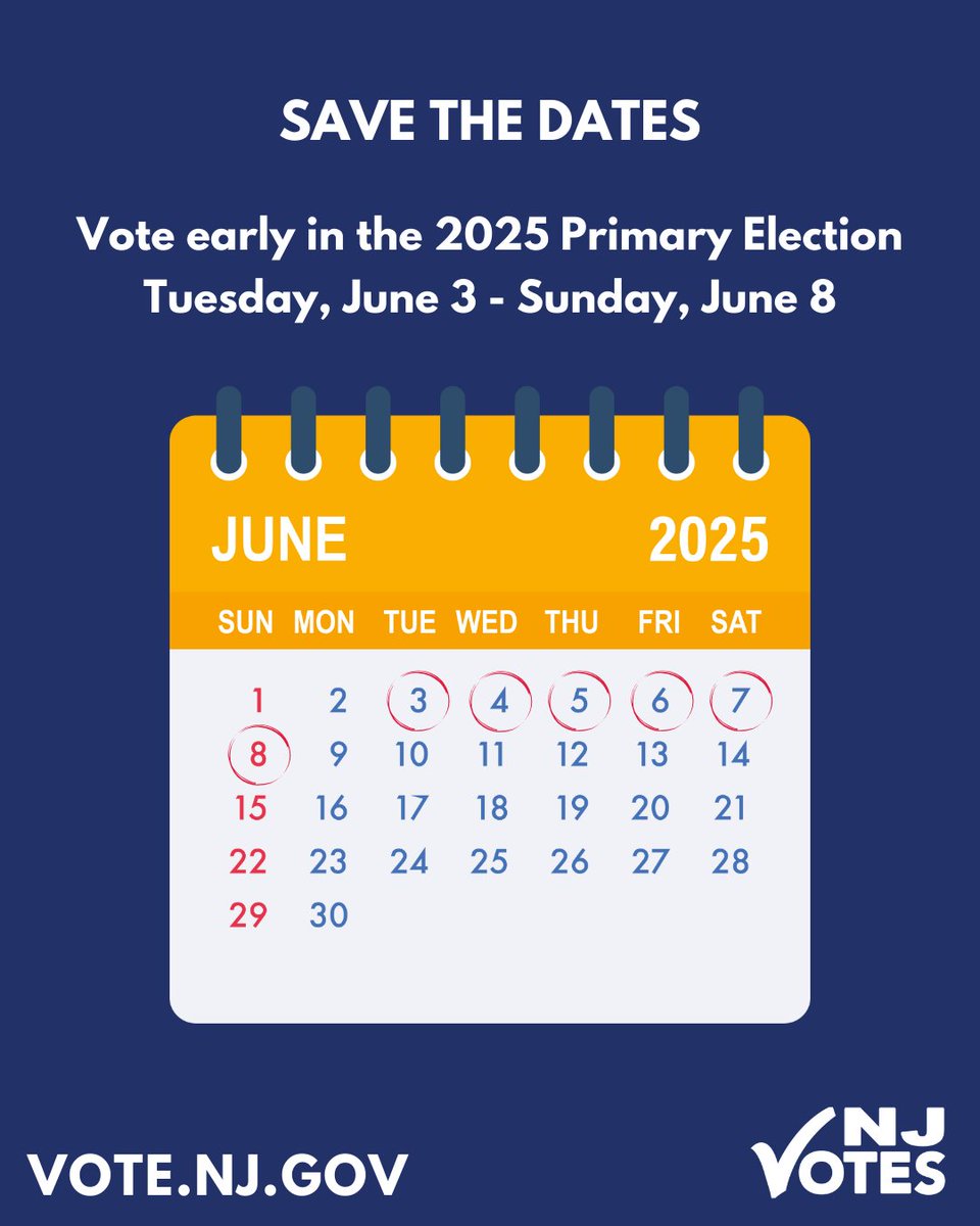 NJ_Votes's tweet image. Did you know that Early Voting starts Tuesday, June 3rd and goes through Sunday, June 8th? Be sure to check your county’s in-person early voting sites at Vote.NJ.Gov and go vote! #NJVotes