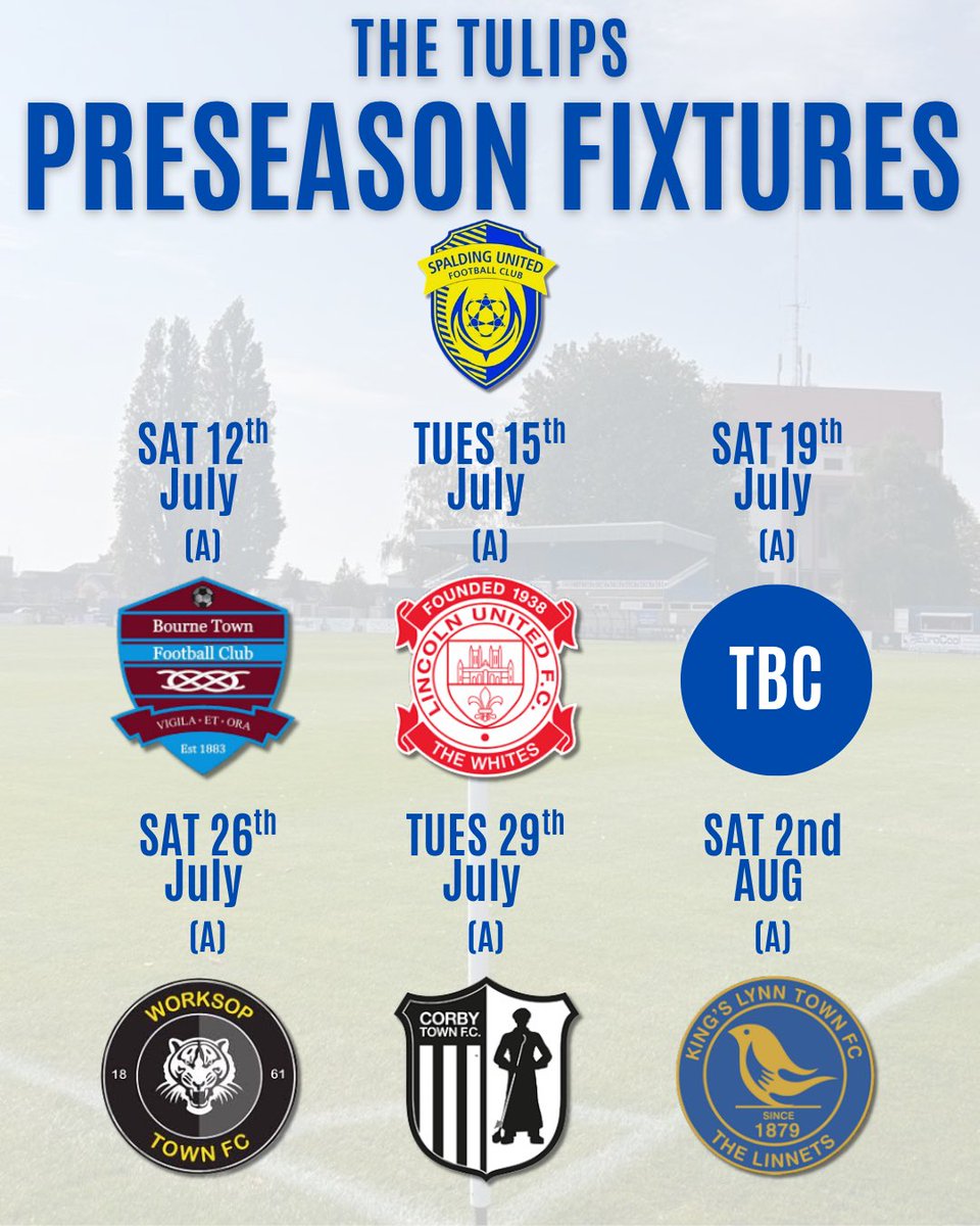 Spalding United FC (@spaldingunited) on Twitter photo ๐๐๐-๐๐๐ผ๐๐๐ ๐๐๐๐๐๐๐๐๐ท
The Tulips kick off their 2025/26 pre-season fixtures on the 12th July, your first chance to see the Tulips in action as we prepare for an exciting season ahead!
Weโre looking forward to seeing our Tulip Fans out in forceโฆ. Which fixture ๐๐๐-๐๐๐ผ๐๐๐ ๐๐๐๐๐๐๐๐๐ท
The Tulips kick off their 2025/26 pre-season fixtures on the 12th July, your first chance to see the Tulips in action as we prepare for an exciting season ahead!
Weโre looking forward to seeing our Tulip Fans out in forceโฆ. Which fixture