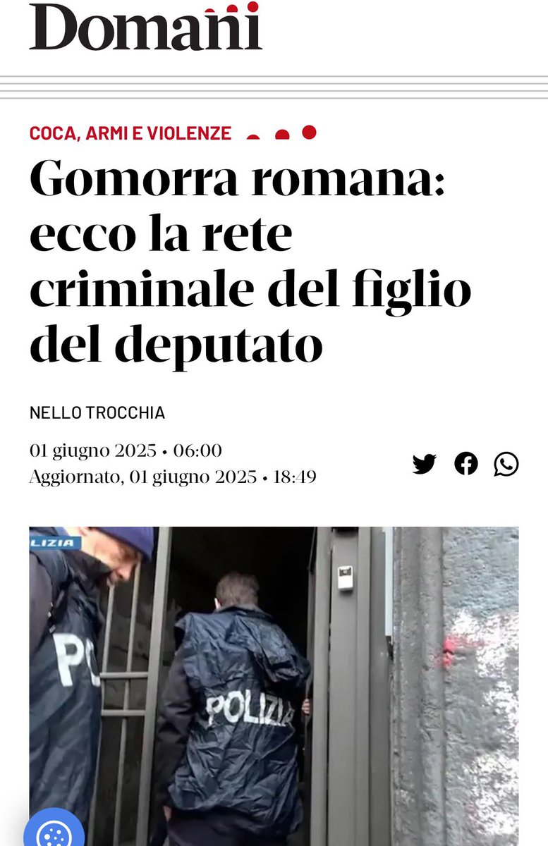 Il Riesame ha confermato il carcere per #TancrediAntoniozzi,figlio del deputato Alfredo,numero due di #FdI alla Camera e già componente della Commissione d’inchiesta sulle mafie. Tra bella vita,coca,pistole e rapine di Rolex,il rampollo aveva intessuto una rete di  1/2