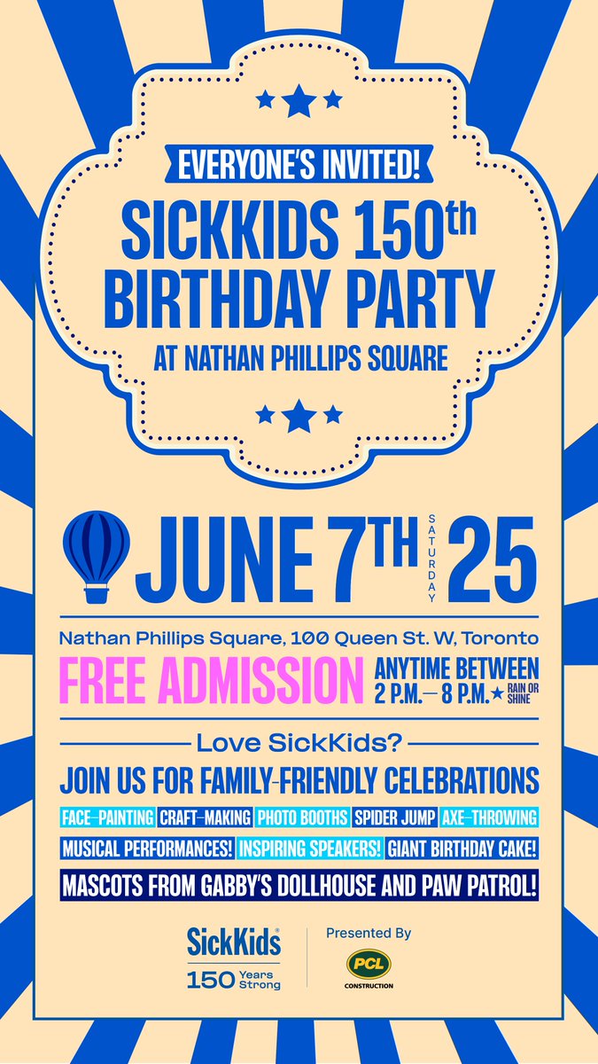 SickKids Foundation (@sickkids) on Twitter photo We’re less than a week out from the biggest birthday party #Toronto has ever seen! 🎈🎉 🥳
Grab your friends, load up the whole family and help us celebrate the children’s hospital that changed the world!
#SickKids150 <a href="/SickKidsNews/">The Hospital for Sick Children (SickKids)</a> We’re less than a week out from the biggest birthday party #Toronto has ever seen! 🎈🎉 🥳
Grab your friends, load up the whole family and help us celebrate the children’s hospital that changed the world!
#SickKids150 <a href="/SickKidsNews/">The Hospital for Sick Children (SickKids)</a>