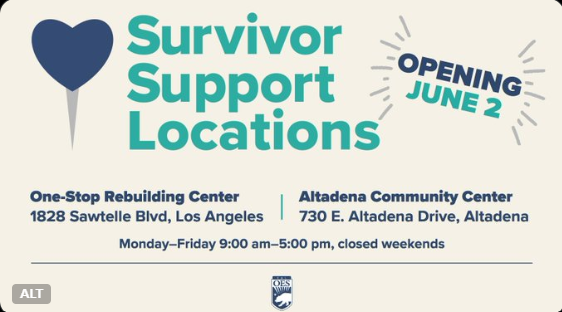 Starting Monday June 2, #Palisades and #Eaton fire survivors can receive essential services from FEMA, SBA and select county departments at new locations.   
Visit recovery.lacounty.gov for more information.
