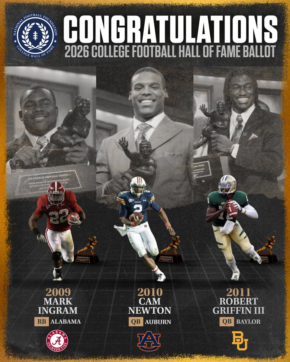 The Heisman Trophy (@heismantrophy) on Twitter photo Congratulations to Heisman Trophy Winners <a href="/markingramII/">Mark Ingram II</a>, <a href="/CameronNewton/">Cam Newton</a> and <a href="/RGIII/">Robert Griffin III</a> on being named on the 2026 <a href="/NFFNetwork/">National Football Foundation</a> College Football Hall of Fame Ballot! Congratulations to Heisman Trophy Winners <a href="/markingramII/">Mark Ingram II</a>, <a href="/CameronNewton/">Cam Newton</a> and <a href="/RGIII/">Robert Griffin III</a> on being named on the 2026 <a href="/NFFNetwork/">National Football Foundation</a> College Football Hall of Fame Ballot!