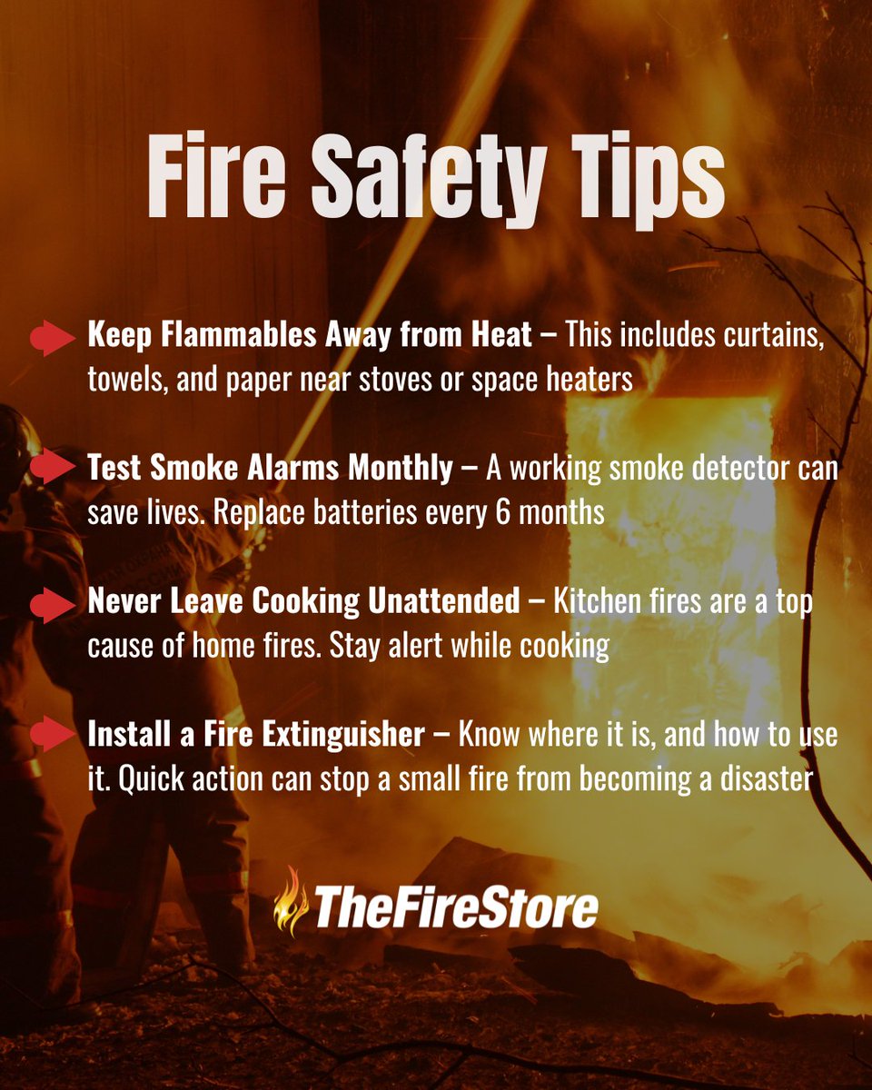 Fire safety matters! Here are a few tips everyone should know. Share these with your friends and family because staying safe starts with spreading the word.
#FireSafetyTips #TheFireStore #NationalSafetyMonth #ShareToPrepare