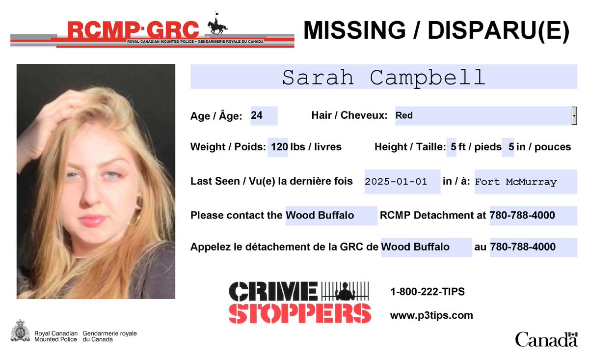 #Missing: Sarah Campbell, 24, #FortMcMurray.