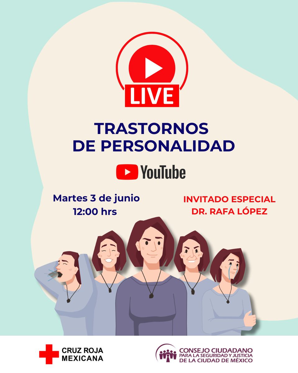Cruz Roja Mexicana IAP (@cruzroja_mx) on Twitter photo 🔴 #Live | Personalidad Múltiple: mitos, realidades y salud mental🧠
Te invitamos a acompañarnos en esta charla especial donde abordaremos con <a href="/elconsejomx/">Consejo Ciudadano Mx</a> el trastorno de personalidad múltiple.
➡️Qué es
➡️Qué mitos lo rodean
💬 ¡Participa con tus preguntas en el chat en vivo! 🔴 #Live | Personalidad Múltiple: mitos, realidades y salud mental🧠
Te invitamos a acompañarnos en esta charla especial donde abordaremos con <a href="/elconsejomx/">Consejo Ciudadano Mx</a> el trastorno de personalidad múltiple.
➡️Qué es
➡️Qué mitos lo rodean
💬 ¡Participa con tus preguntas en el chat en vivo!