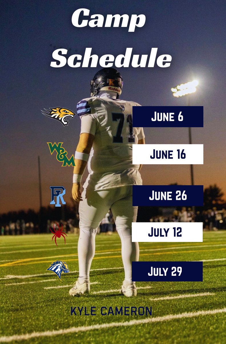 Kyle Cameron (@kylecam91) on Twitter photo Here is my camp schedule for the summer! Look forward to competing!
<a href="/neugs1288/">Adam Neugebauer</a> <a href="/PeteShinnick/">Pete Shinnick</a> <a href="/CoachKolt/">Alex Kolt</a> <a href="/Coach_Armstrong/">Jack Armstrong</a> <a href="/DillonBryant_/">Dillon Bryant</a> <a href="/CoachDelasoudas/">Sebastian Delasoudas</a> <a href="/CoachM_Cummings/">Mike Cummings</a> <a href="/CoachRGhanim/">Ricky Ghanim</a> <a href="/CoachJoeRozell/">Joe Rozell</a> <a href="/coach_wwright/">Will Wright</a> <a href="/schfootball/">SCH Blue Devils Football</a> Here is my camp schedule for the summer! Look forward to competing!
<a href="/neugs1288/">Adam Neugebauer</a> <a href="/PeteShinnick/">Pete Shinnick</a> <a href="/CoachKolt/">Alex Kolt</a> <a href="/Coach_Armstrong/">Jack Armstrong</a> <a href="/DillonBryant_/">Dillon Bryant</a> <a href="/CoachDelasoudas/">Sebastian Delasoudas</a> <a href="/CoachM_Cummings/">Mike Cummings</a> <a href="/CoachRGhanim/">Ricky Ghanim</a> <a href="/CoachJoeRozell/">Joe Rozell</a> <a href="/coach_wwright/">Will Wright</a> <a href="/schfootball/">SCH Blue Devils Football</a>