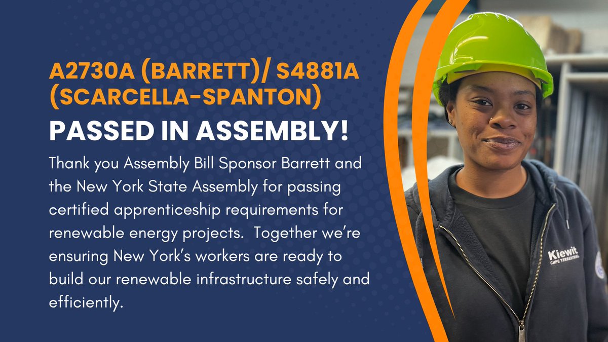 New York State Laborers' Tri-Funds (@nystrifunds) on Twitter photo A2730A = PASSED in the NYS Assembly ✅
Thank you to Assembly Member <a href="/DidiBarrett106/">Assemblymember Didi Barrett</a> for advocating this bill, and your commitment to uplifting New Yorkers through quality apprenticeship programs and support for the renewable energy sector! 🚧♻️🌟 A2730A = PASSED in the NYS Assembly ✅
Thank you to Assembly Member <a href="/DidiBarrett106/">Assemblymember Didi Barrett</a> for advocating this bill, and your commitment to uplifting New Yorkers through quality apprenticeship programs and support for the renewable energy sector! 🚧♻️🌟