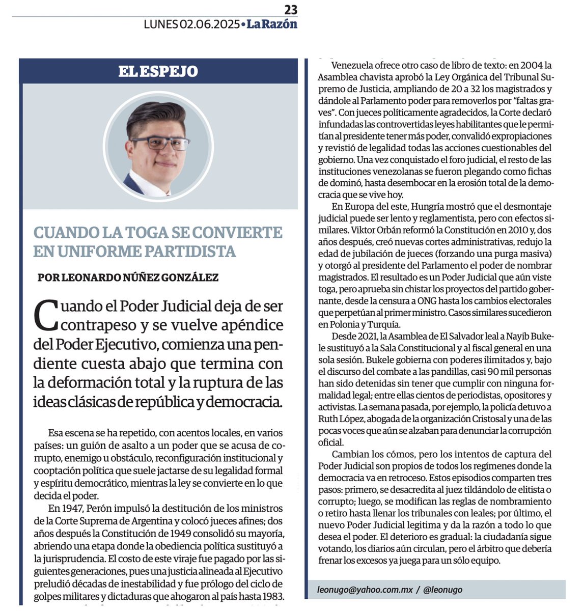 9 de cada 10 mexicanos no votaron por la reforma del Poder Judicial.

Se dice mucho que México es el primer país que elige a sus juzgadores así, pero no somos los primeros donde el régimen captura a los jueces: esta historia ya la hemos visto antes 👇🏼
razon.com.mx/opinion/2025/0…