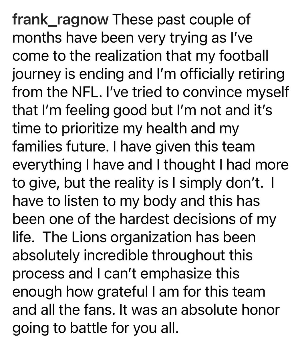 Lions All Pro center Frank Ragnow announced on IG that he is retiring from the NFL.