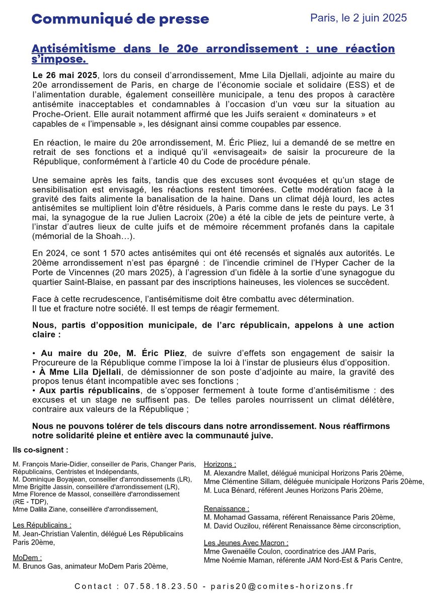 Après les propos inadmissibles tenus lors du conseil d’arrondissement de #Paris20 notre communiqué de presse avec l’ensemble des élus et partis d’opposition du 20eme arrondissement ⤵️

L’#antisemitisme n’a pas sa place à #Paris ni nulle part ailleurs.