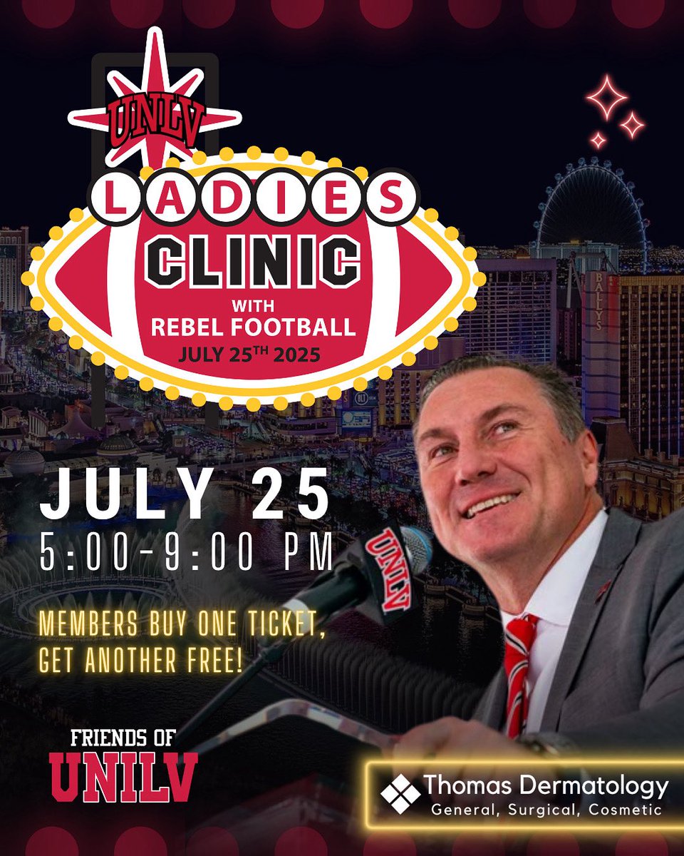 Friends of UNILV (@friendsofunilv) on Twitter photo Ladies, this one is for you ๐
Join us & <a href="/CoachDanMullen/">Dan Mullen</a> for Ladies Clinic with Rebel Football on July 25!
Drills. Dinner. Drinks. Raffles. & more!
๐๏ธGA: $100 | VIP: $175
๐ฅMembers: buy one ticket, get one free!
friendsofunilv.com Ladies, this one is for you ๐
Join us & <a href="/CoachDanMullen/">Dan Mullen</a> for Ladies Clinic with Rebel Football on July 25!
Drills. Dinner. Drinks. Raffles. & more!
๐๏ธGA: $100 | VIP: $175
๐ฅMembers: buy one ticket, get one free!
friendsofunilv.com