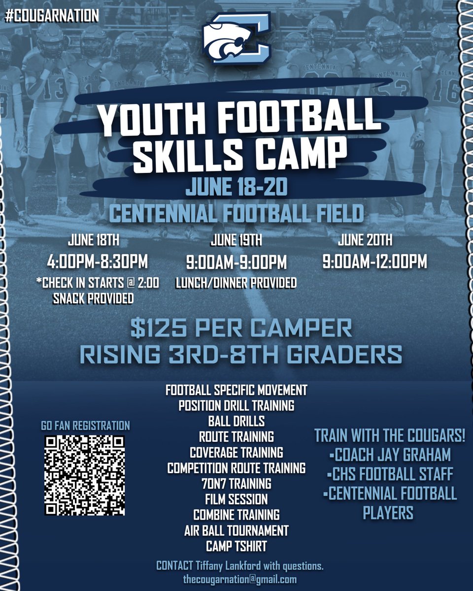 Centennial Cougars Football (@chs_cougars_fb) on Twitter photo 🚨Register today‼️
🏈 Football Skills Camp
📆 June 18-20 🚨Register today‼️
🏈 Football Skills Camp
📆 June 18-20