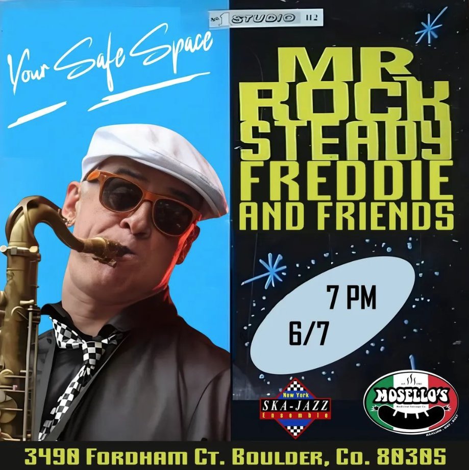 Joe Ross (@joeross578) on Twitter photo THIS Sat, June 7th!
Rocksteady Freddie & Friends!
Rocksteady Freddie (New York Ska Jazz Ensemble) - Vocals/Sax/Flute/Keys
James Vaughn (Al's HWY 50) - Guitar
Andy Verdecchio (<a href="/fiveironfrenzy/">Five Iron Frenzy</a>) - Drums
Joe Ross (<a href="/pietasters/">The Pietasters</a>, <a href="/ThePlayersBand/">The Players Band</a>) - Bass
Doors @ 7, show ~ 8, FREE!!! THIS Sat, June 7th!
Rocksteady Freddie & Friends!
Rocksteady Freddie (New York Ska Jazz Ensemble) - Vocals/Sax/Flute/Keys
James Vaughn (Al's HWY 50) - Guitar
Andy Verdecchio (<a href="/fiveironfrenzy/">Five Iron Frenzy</a>) - Drums
Joe Ross (<a href="/pietasters/">The Pietasters</a>, <a href="/ThePlayersBand/">The Players Band</a>) - Bass
Doors @ 7, show ~ 8, FREE!!!