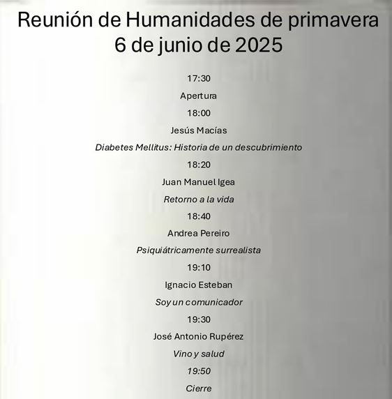 Juan Manuel Igea (@igeamanuel) on Twitter photo Reunión de Humanidades médicas de la <a href="/SEAIC/">Solomon Academy</a> .
En Centro Riojano de Madrid, en calle Serrano 25.
Entrada libre
Transmisión en directo on line para socios de SEAIC Reunión de Humanidades médicas de la <a href="/SEAIC/">Solomon Academy</a> .
En Centro Riojano de Madrid, en calle Serrano 25.
Entrada libre
Transmisión en directo on line para socios de SEAIC