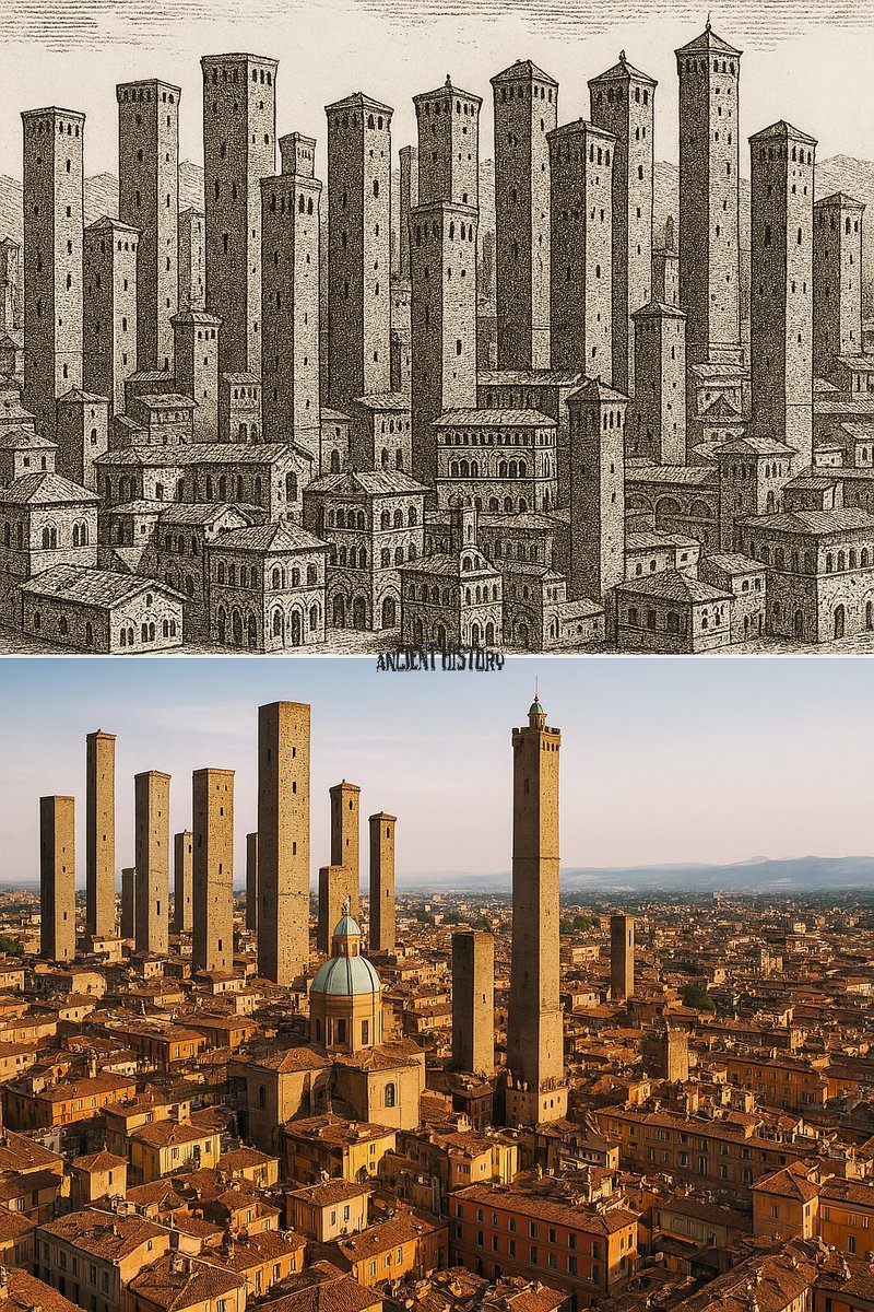 In the 12th c, Bologna was famously filled with towers—around 180 of them once stood across the city! These towers were built by wealthy families as both defensive strongholds and symbols of power and status. Today, only a small number of these towers remain.