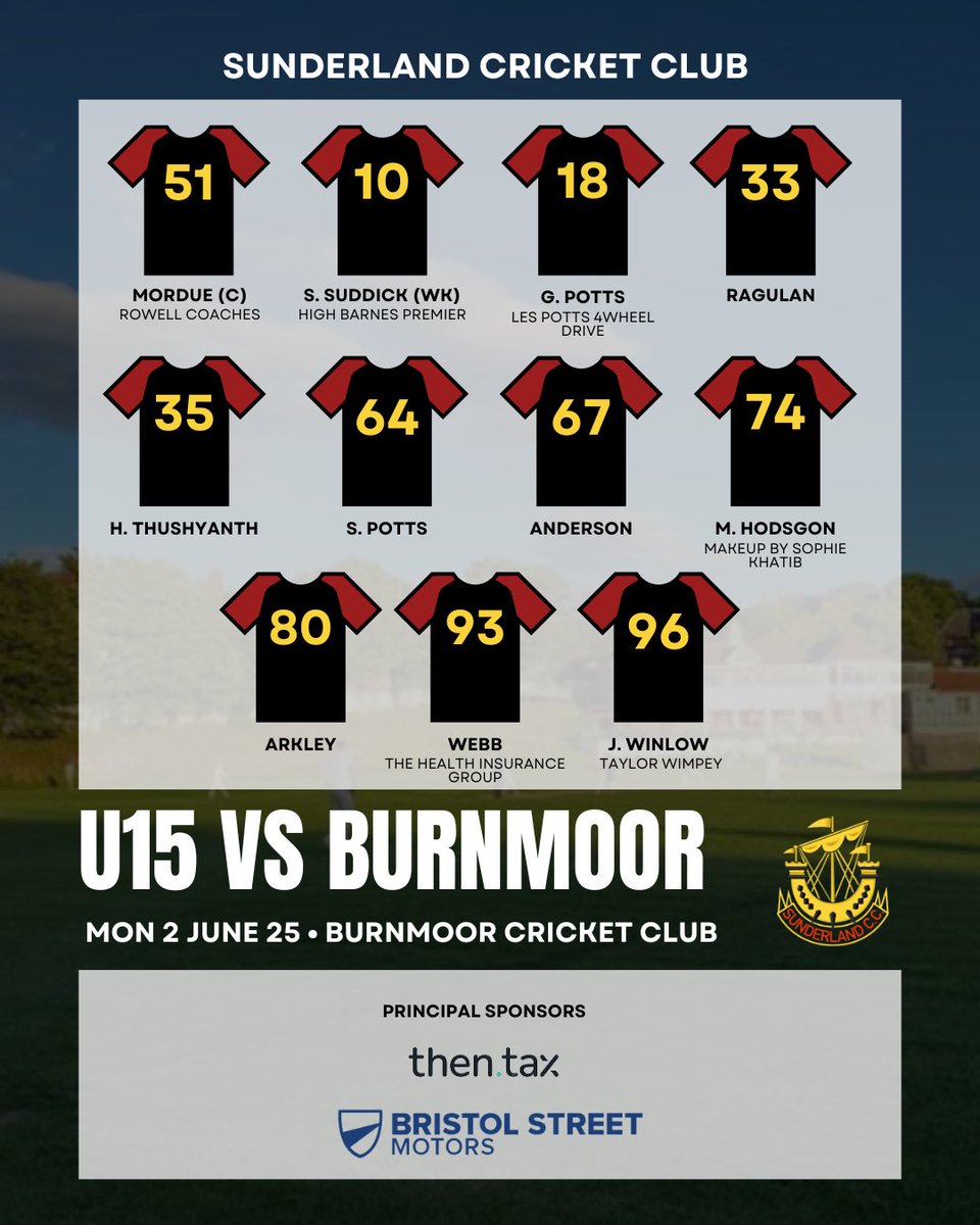 Sunderland CC (@slandcricket) on Twitter photo Tonight our 1XI are at home to Seaham Harbour in the ProTech Cup, whilst our U15s travel to <a href="/BurnmoorCricket/">Burnmoor CC</a> .
Thanks to our sponsors & good luck to all teams 💪🏏! Tonight our 1XI are at home to Seaham Harbour in the ProTech Cup, whilst our U15s travel to <a href="/BurnmoorCricket/">Burnmoor CC</a> .
Thanks to our sponsors & good luck to all teams 💪🏏!