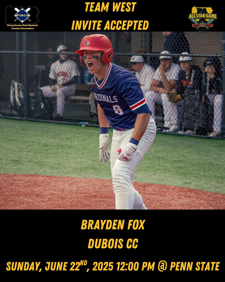 Pennsylvania State Baseball Coaches Association (@pabasecoaches) on Twitter photo INVITE ACCEPTED ✅
Kicking off our roster releases for the East/West All-Star game we introduce Brayden Fox coming from DuBois CC who will be playing for Team West!
<a href="/Brayfox8/">Brayden Fox</a>
<a href="/AthleticsDcc/">DCC Athletics</a> INVITE ACCEPTED ✅
Kicking off our roster releases for the East/West All-Star game we introduce Brayden Fox coming from DuBois CC who will be playing for Team West!
<a href="/Brayfox8/">Brayden Fox</a>
<a href="/AthleticsDcc/">DCC Athletics</a>