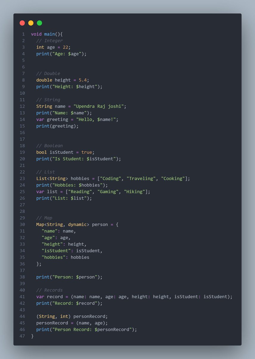 Upendra_48's tweet photo. #LSPPDay02
Today I focused on Dart data types — int, double, String, bool, List, Map, and records.
Knowing the right type helps write safer, more predictable code. 
More on todays learning here: https://t.co/KEPl7w1s3G
#60DaysOfLearning2025 #LearningWithLeapfrog
@lftechnology https://t.co/VKKtdq1JsE
