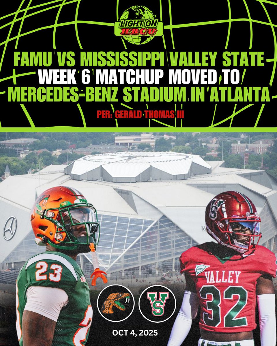 LIGHT ON COLLEGE SPORTS (@lightonsports) on Twitter photo FAMU vs Mississippi Valley State Week 6 football matchup, on October 4th, has been moved to Mercedes-Benz Stadium in Atlanta, Georgia, per <a href="/3peatgee/">G. Thomas III</a>. FAMU vs Mississippi Valley State Week 6 football matchup, on October 4th, has been moved to Mercedes-Benz Stadium in Atlanta, Georgia, per <a href="/3peatgee/">G. Thomas III</a>.