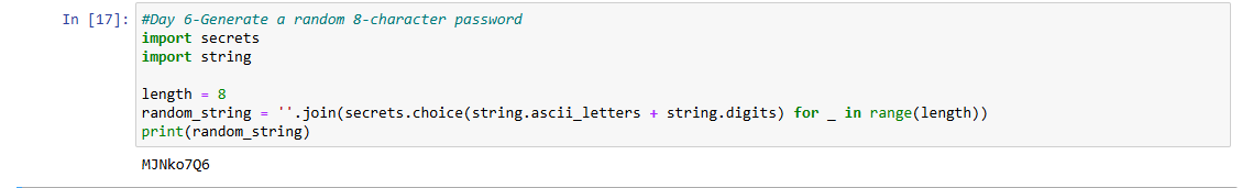 aryadevir's tweet photo. 𝗗𝗮𝘆 𝟲
𝗧𝗼𝗽𝗶𝗰𝘀 𝗖𝗼𝘃𝗲𝗿𝗲𝗱:
- Modules
𝗖𝗵𝗮𝗹𝗹𝗲𝗻𝗴𝗲:
-Generate a random 8-character password
Thank you for this opportunity @indiandataclub  
#30daysOfPythonChallenge #pythonchallenge https://t.co/coxU5vnIHo