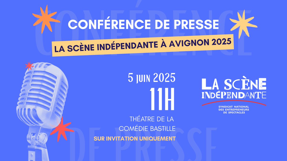 🎤 Notre Conférence de presse "La Scène Indépendante à Avignon", c'est...
 📅 ... Ce jeudi 5 juin à 11h
📍 THEATRE COMEDIE BASTILLE, 5 rue Nicolas Appert, Paris 11e - Sur invitation uniquement
#Avignon2025 #ScèneIndépendante #Théâtre #Culture