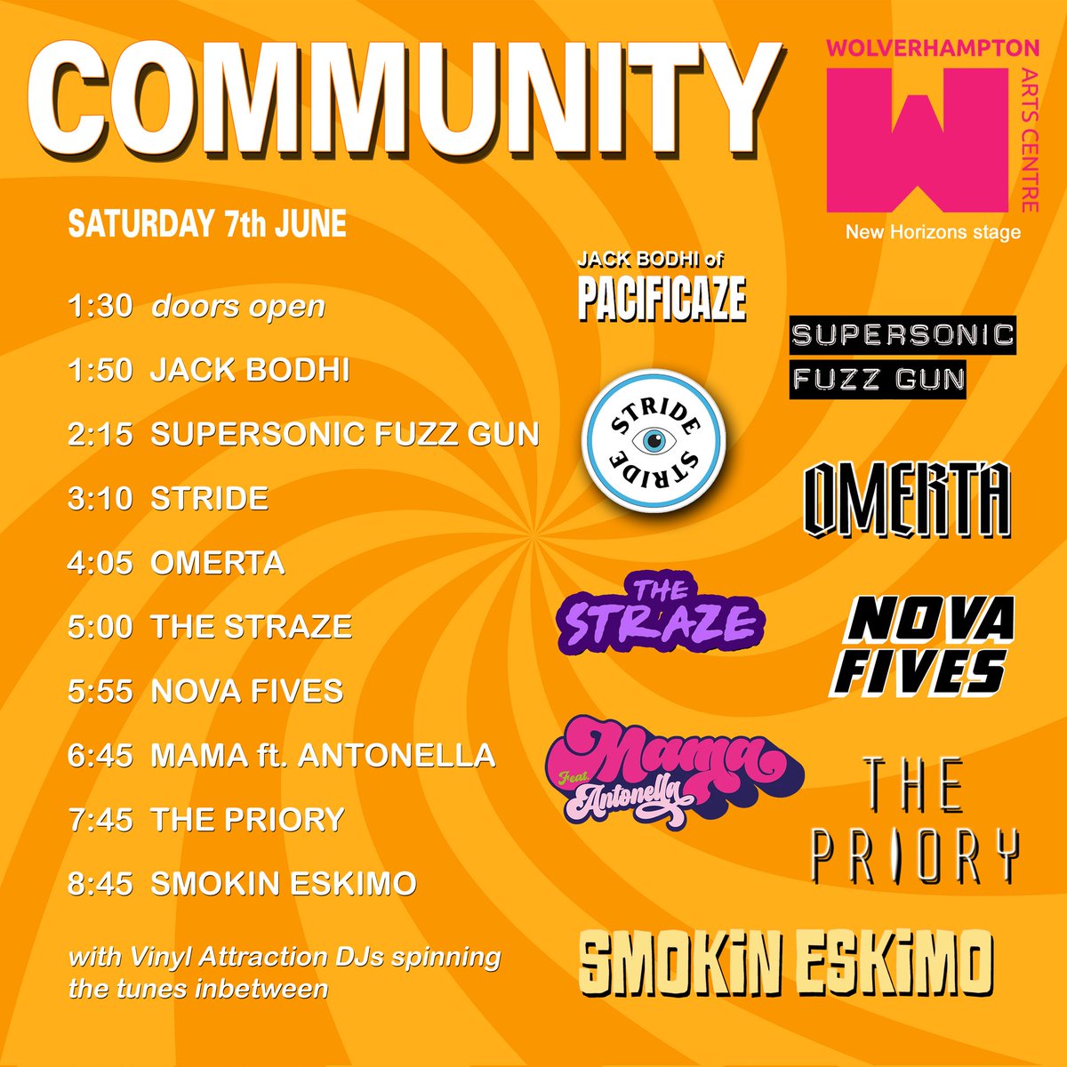 So... its time to start planning your day. Obviously, you'll want to be there from the start but, to make sure you don't miss your absolute favourite, here are the stage times.

If you haven't bagged your tickets yet, go get 'em...

wolverhamptonartscentre.co.uk/events/communi…
