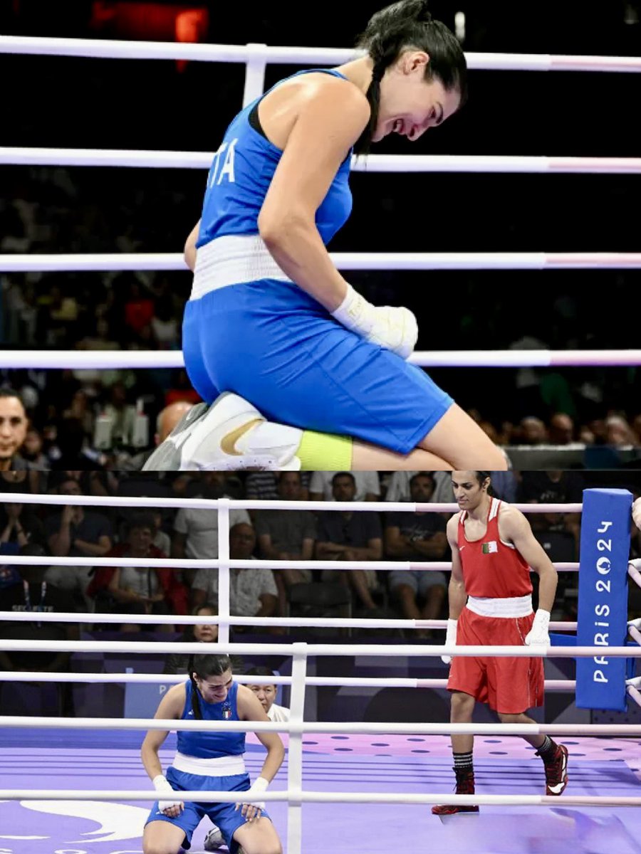 As for Italian 🇮🇹 boxer Angela Carini — kneeling, humiliated, withdrawn from the Paris 2024 match, in tears after being forced to fight a biological male, Iman Khalif — we respectfully await an apology

Thank you