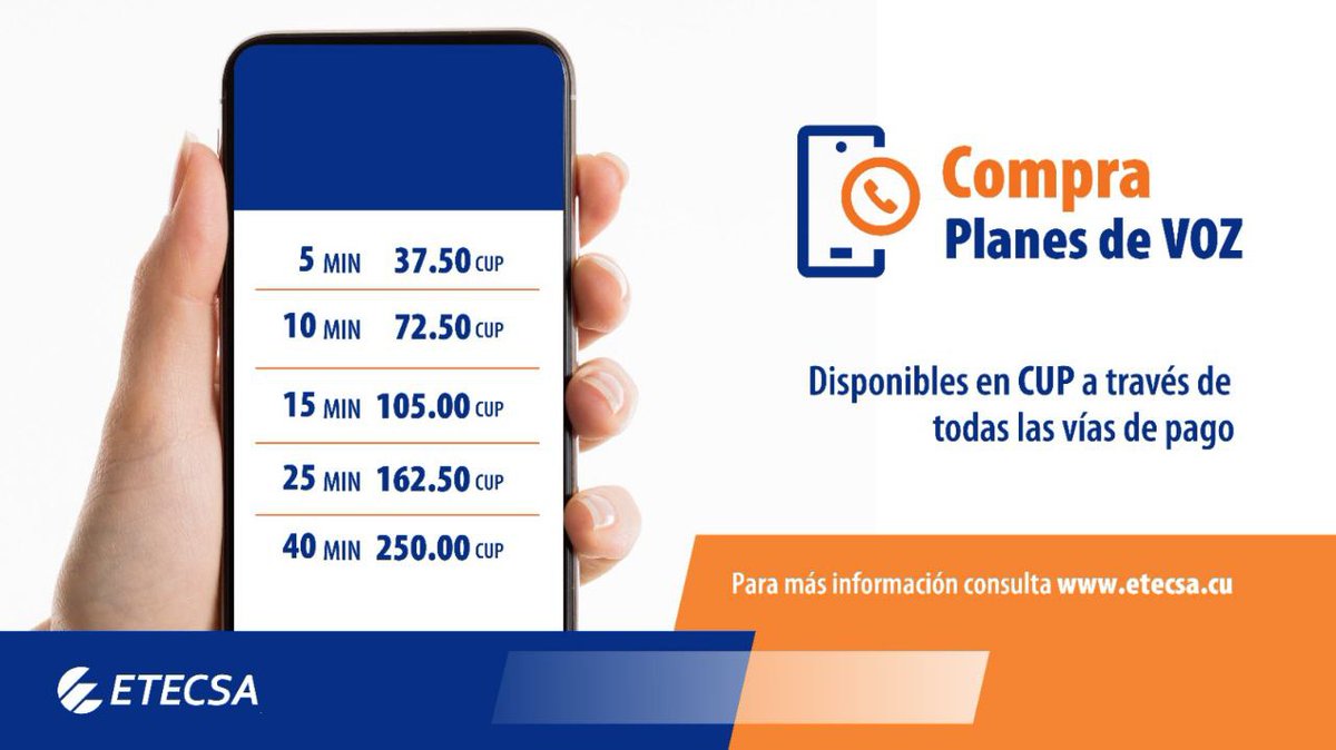 📞Los planes de voz se mantienen con los mismos precios que existían (entre 37.50 -250 CUP).
Están disponibles también en: 
✅ Transfermóvil.
✅ Servicios en Línea.
✅ Oficinas comerciales. 
‼️Adquiérelos por estas vías y así ahorras tu saldo principal del móvil 
#EtecsaConCuba