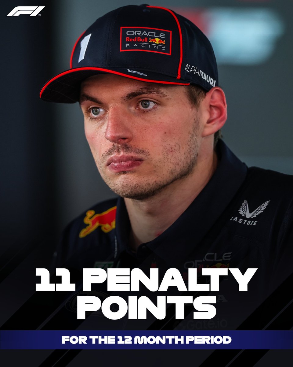 F1's tweet image. Three penalty points in Spain brings Max Verstappen's 12 month total to 11

Should a driver reach 12 penalty points over a 12 month period they will receive a one race ban. Two of Verstappen's penalty points will expire on 30 June

#F1 #SpanishGP