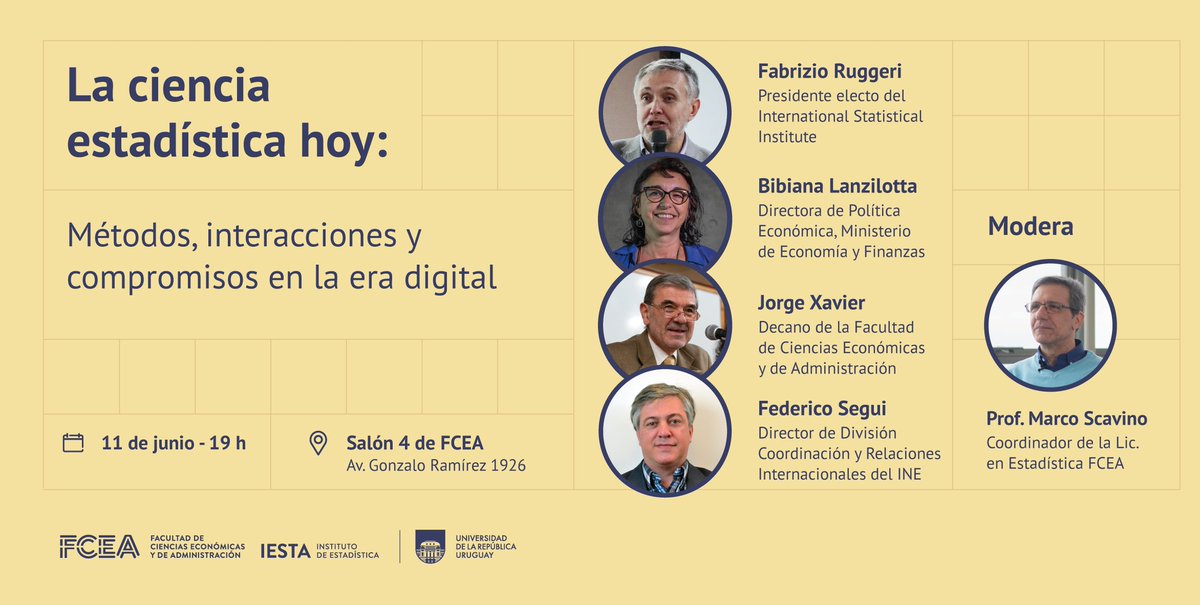 El #IESTA les invita al intercambio sobre "La ciencia estadística hoy: Métodos, interacciones y compromisos en la era digital", con Fabrizzio Ruggeri (ISI), Bibiana Lanzilotta (MEF), Federico Segui (INE), Jorge Xavier (FCEA) . Más información lnkd.in/dvTd7dmV