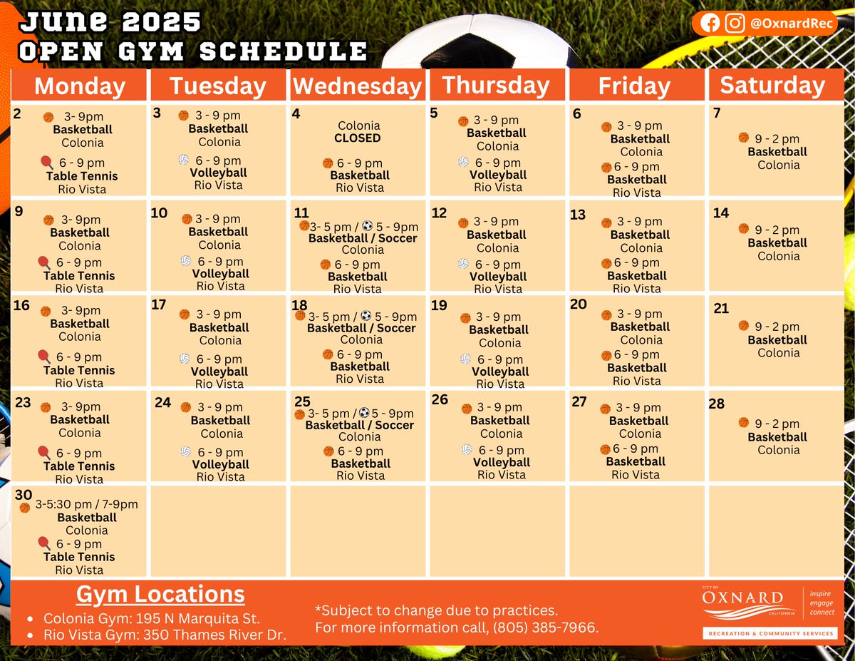 🏀 Open Gym — June Edition!
Stay active this summer with free access to our two gym locations all month long!
🗓️ Check out the full June schedule (subject to change with other programs).
📍 Two locations, zero excuses.
📞 Call us for info: (805) 385-7966