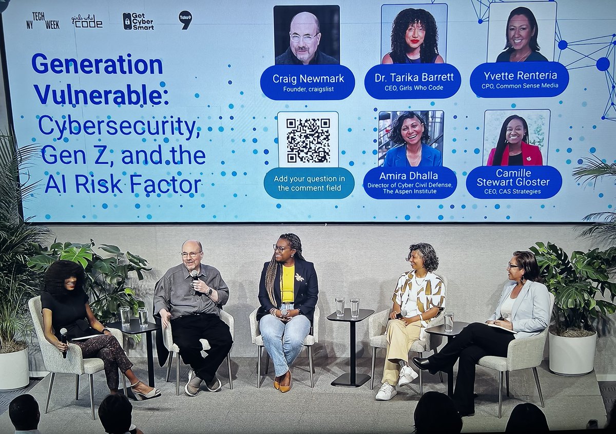 jimmalatras's tweet image. And we're off! A full week of NYC Tech Week events kicked off at Civic Hall today with the Girls Who Code / Cyber Education Alliance / PauseTake9, event "Generation Vulnerable: Cybersecurity, Gen Z, and the AI Risk Factor." I spy Craig Newmark providing a ton of insight!