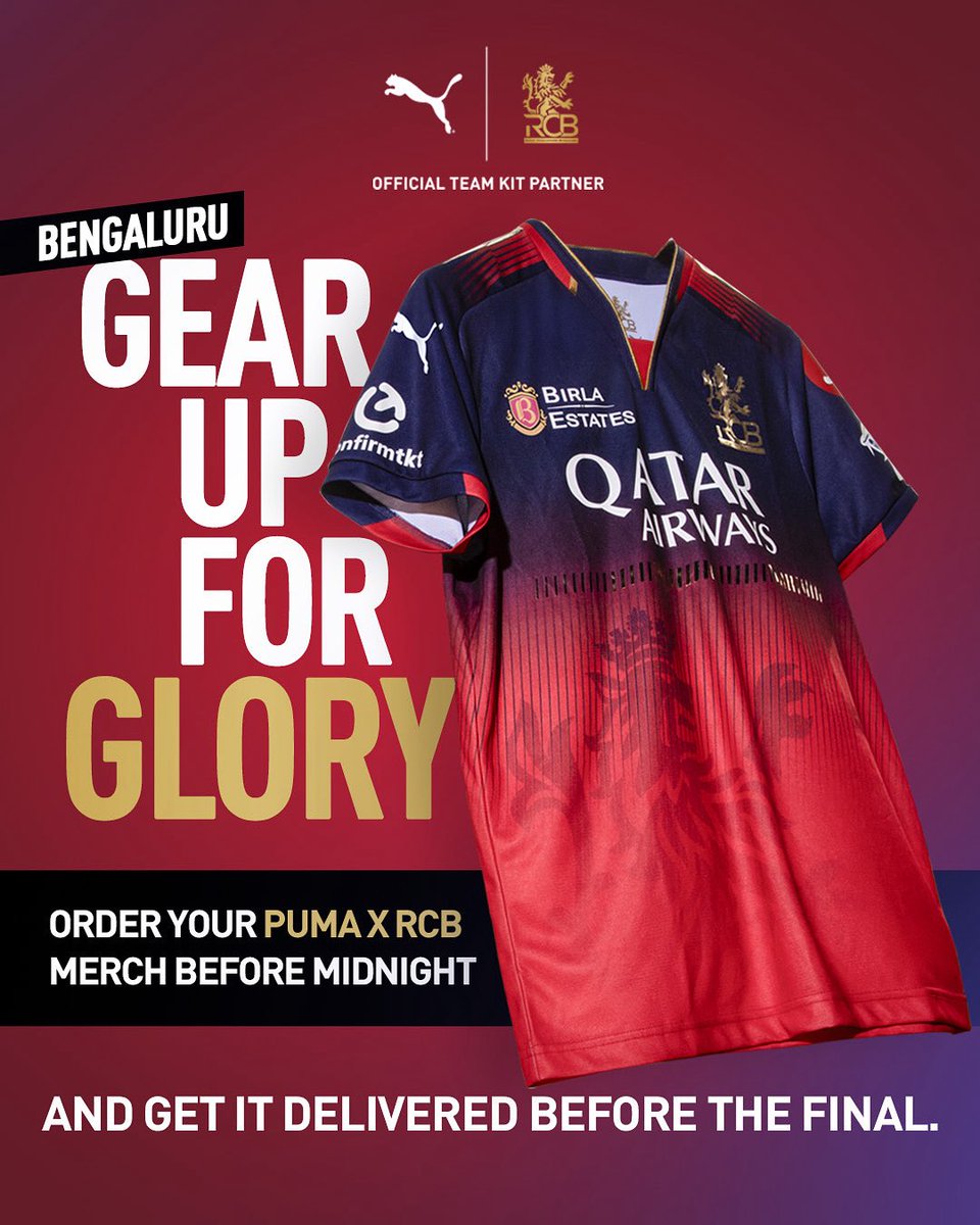 Bengaluru fam, there's still time for a special delivery 📦👕

Order before midnight and get your #PUMAxRCB merch delivered before the final tomorrow. 

Order now on app.puma.com/e/PUMAxRCB25

Note: Only applicable for Bengaluru orders.